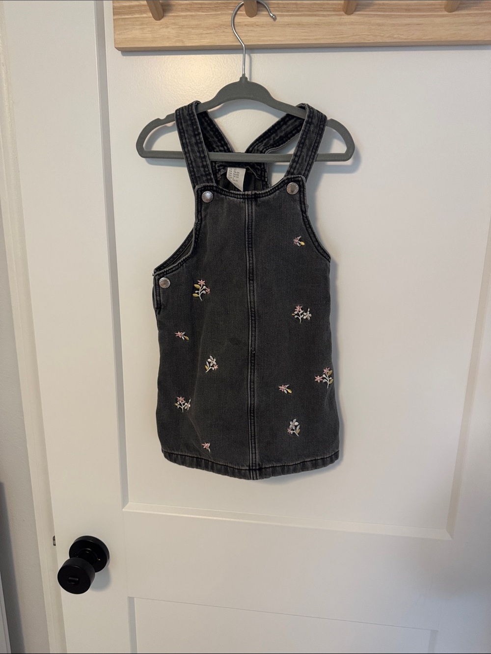 H&M Black Embroidered Denim Pinafore Dress - Floral Detail